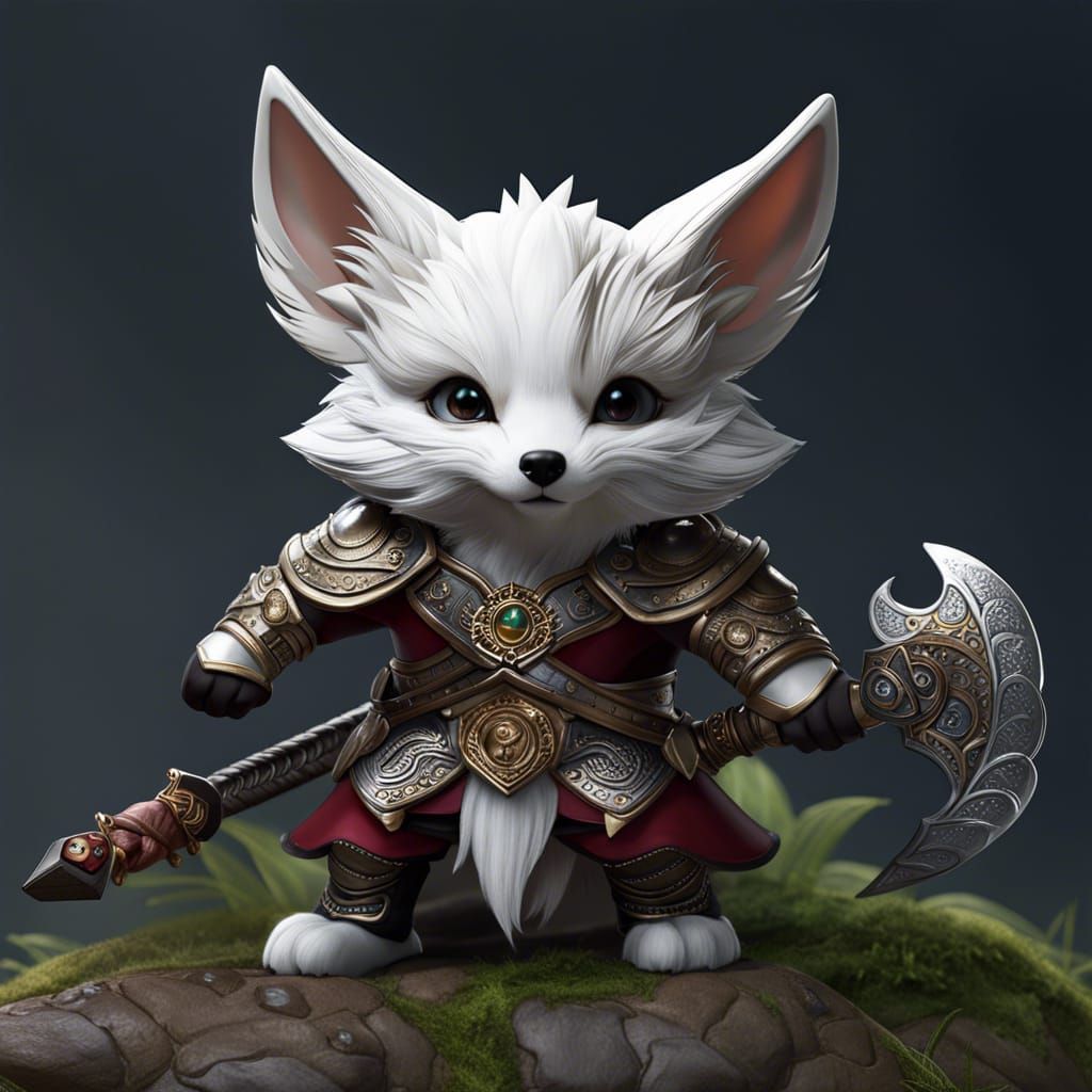 Chibi White Fox Warrior in Detailed Digital Painting