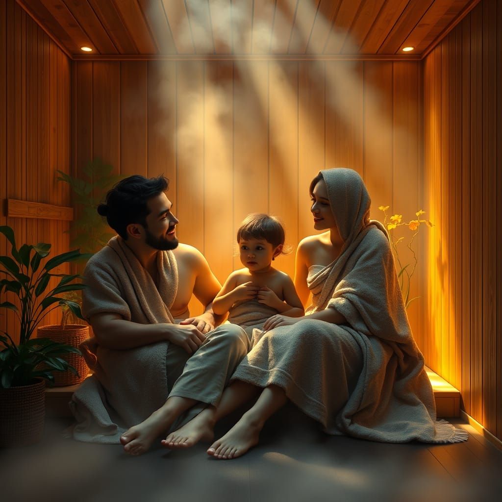 Serene Traditional Family in Warm Sauna Oasis