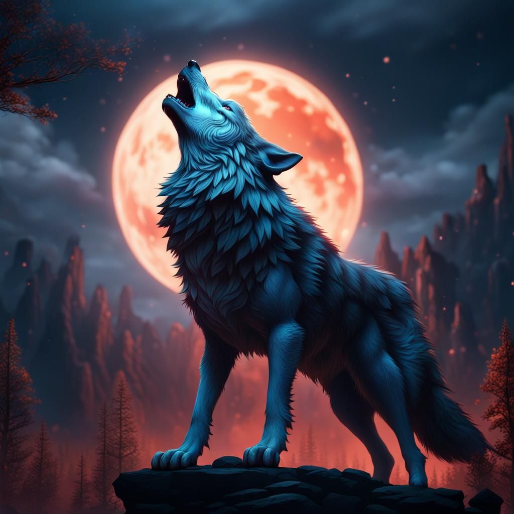 Wolf Howling at Night in Detailed Matte Painting
