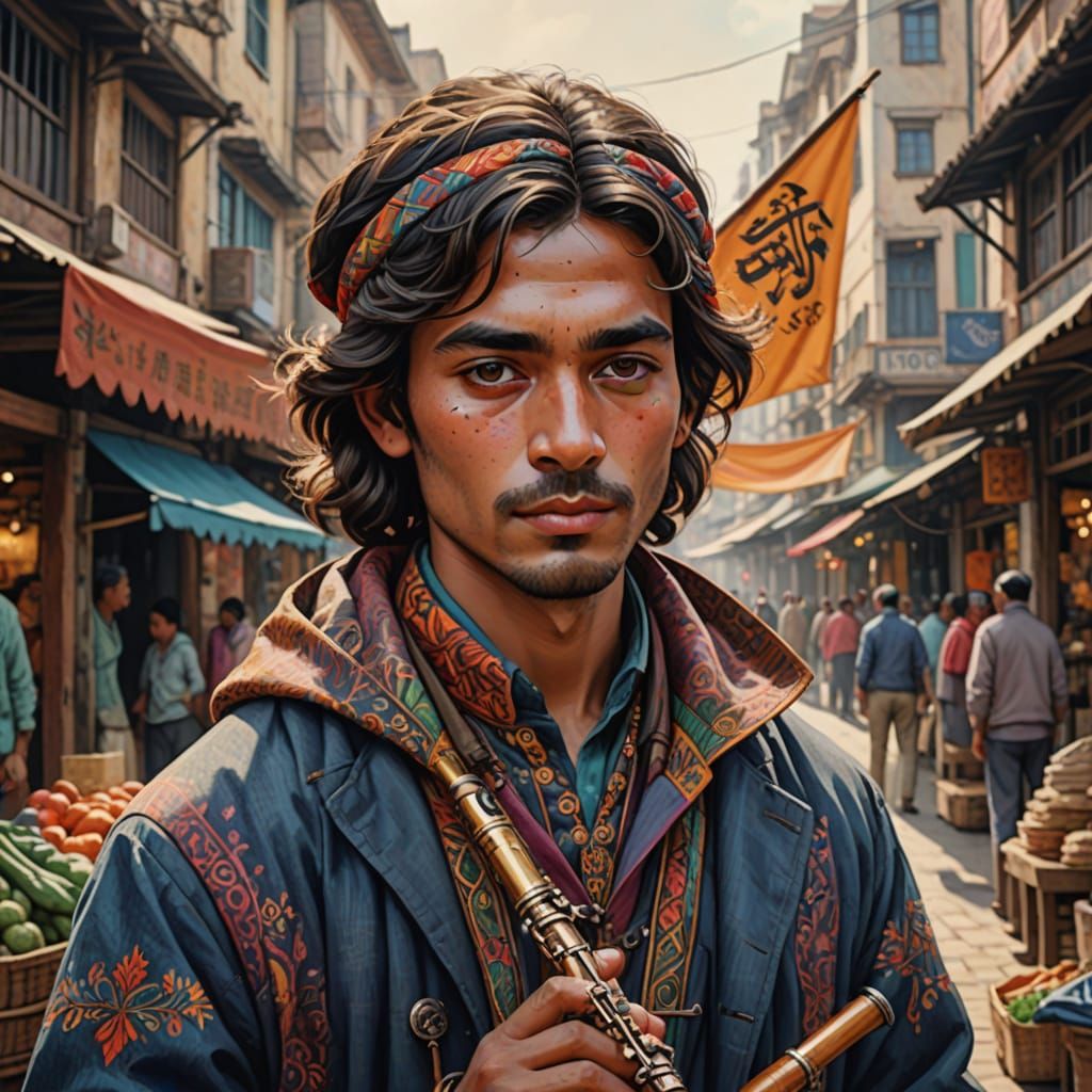 Young Halfing Bard Plays in Vibrant Desert Market