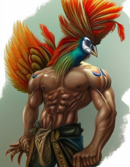 Colorful Human-Peacock Bodybuilder Hybrid Concept Art