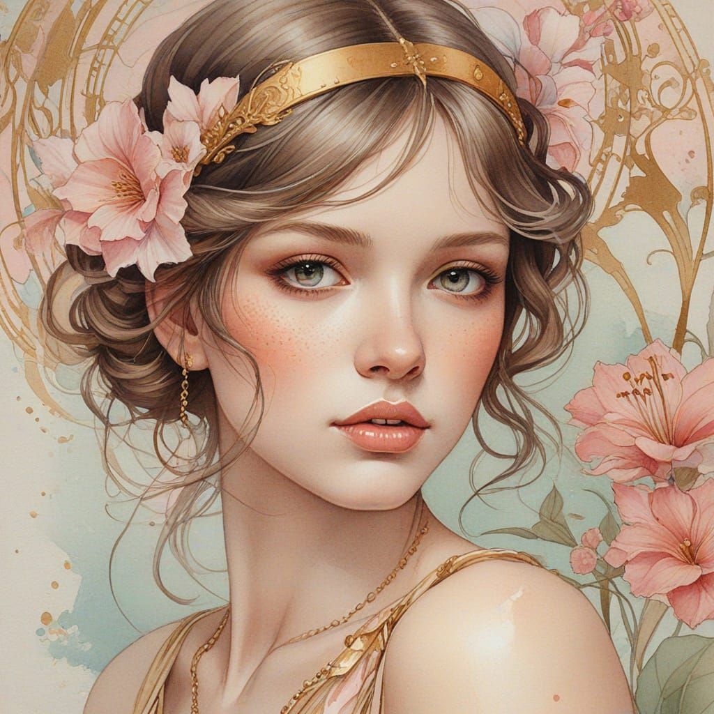 Art Nouveau Portrait of Woman with Tattoos