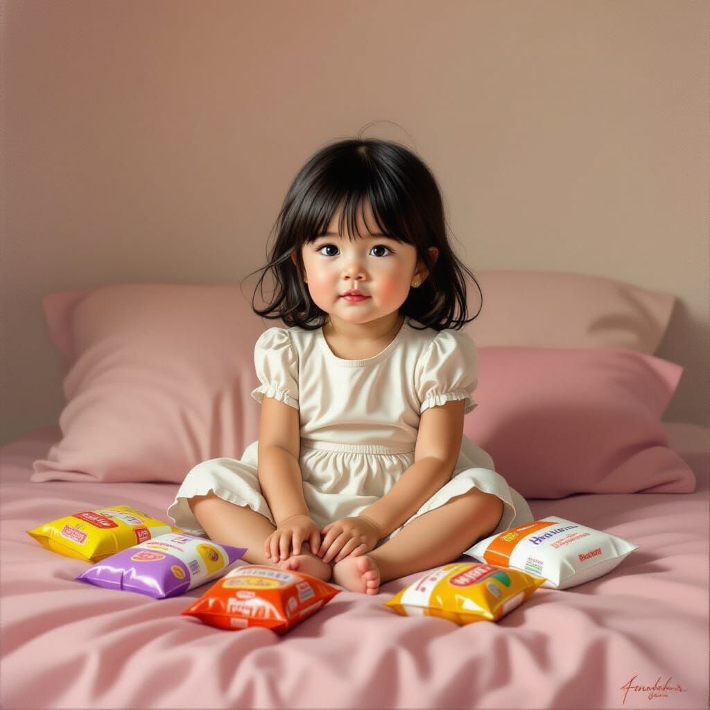 Realistic Girl on Pink Bed with Snack Bags