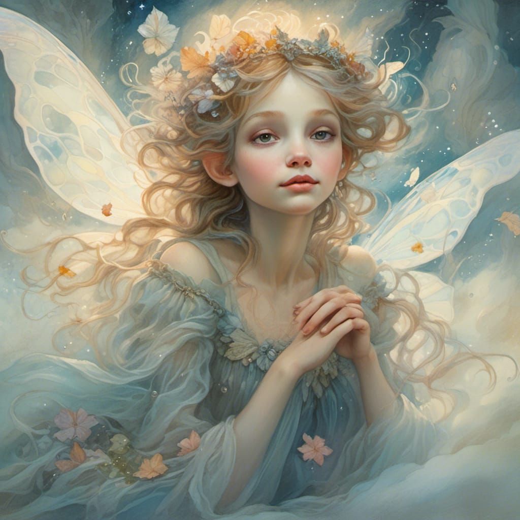 Ethereal Fairy Gazing at Starburst, Dreamlike Digital Art