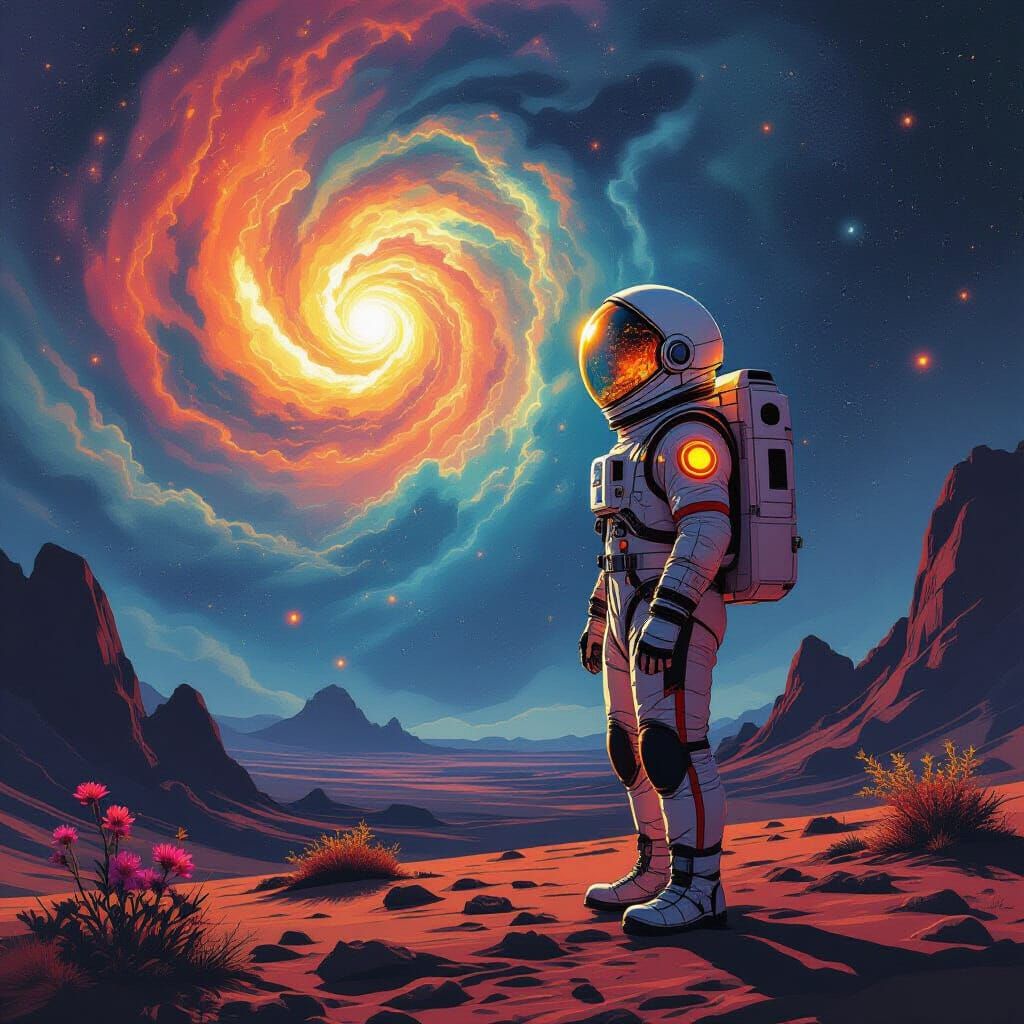 Retro-Futuristic Astronaut Gazing at Nebula