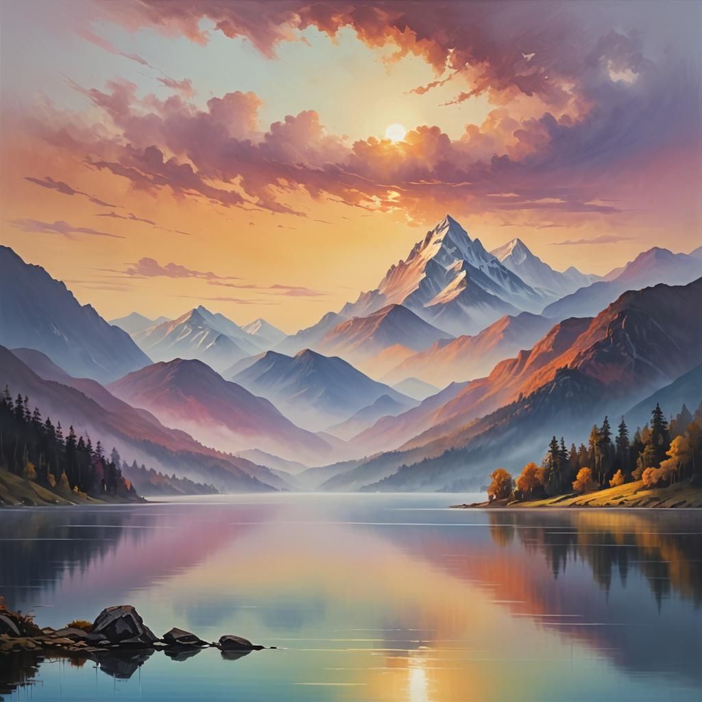 Majestic Misty Mountains: Oil Painting Landscape