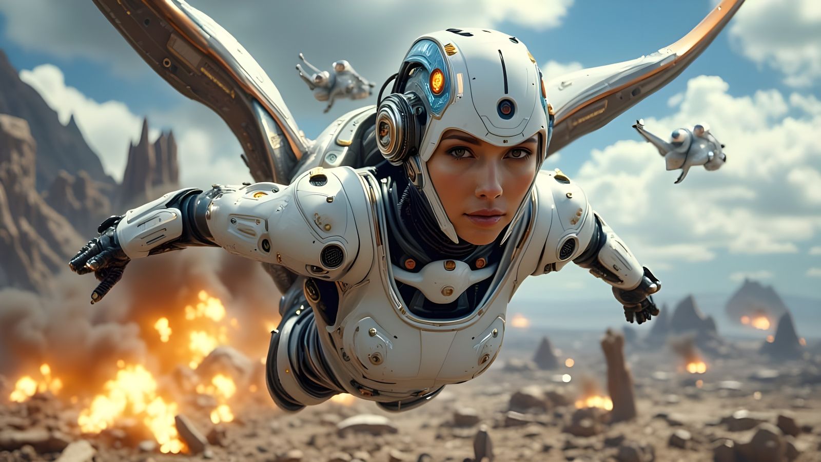 Cyborg Warrior Woman Flying Over Sci Fi Battlefield