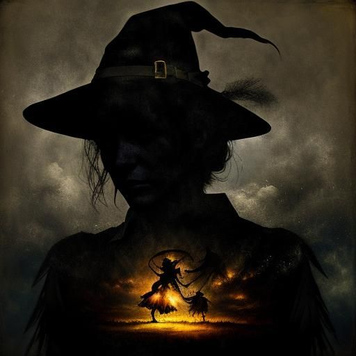 Dancing Witch Silhouette in Oils, Double Exposure