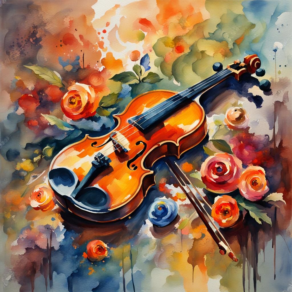 Violin in Gouache Style Watercolor Painting