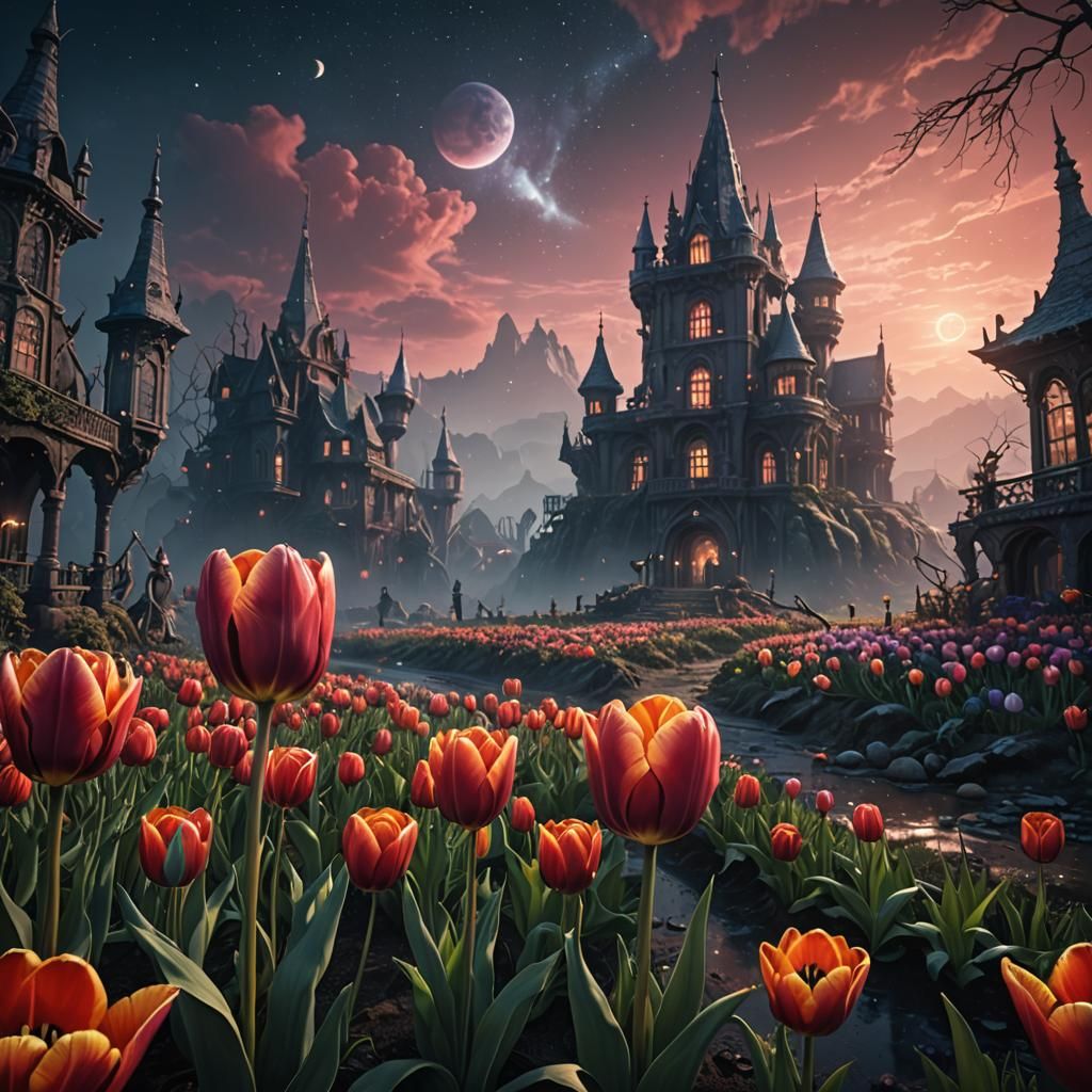 Ghostly Tulip in a Twinkling Alien Landscape