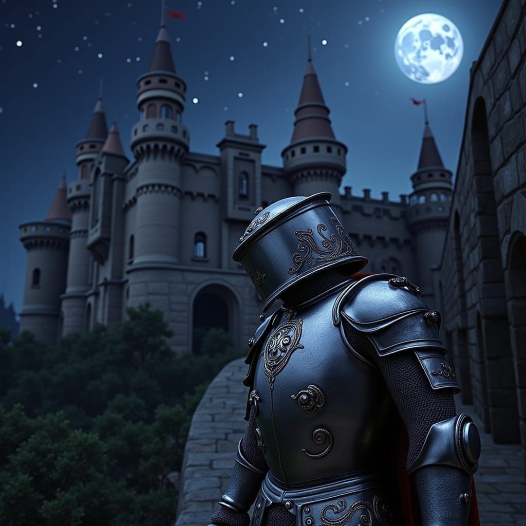 Knight Before Castle in Moonlight Digital Matte Painting