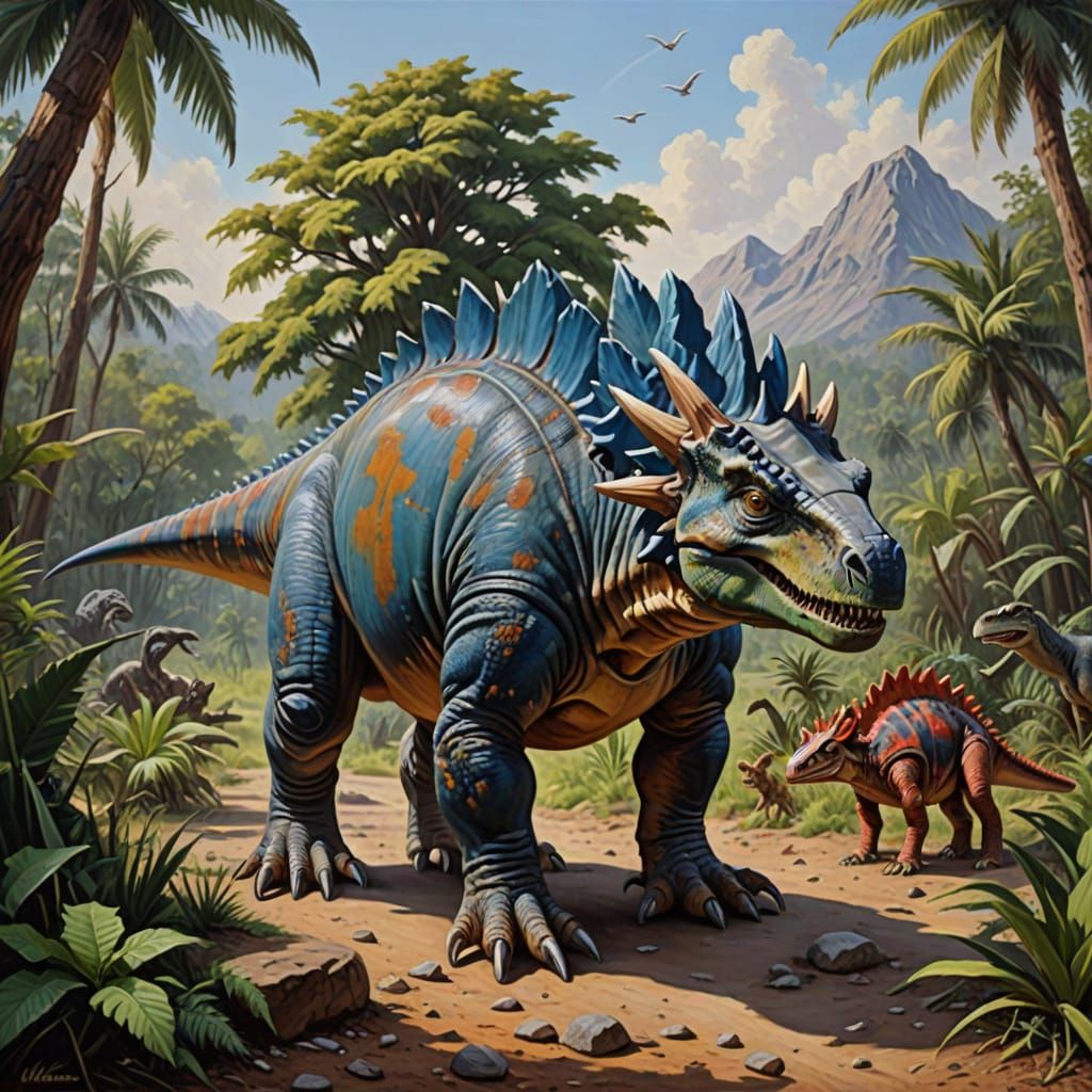 Stegosaurus Dinosaurs in a Prehistoric Oil Painting