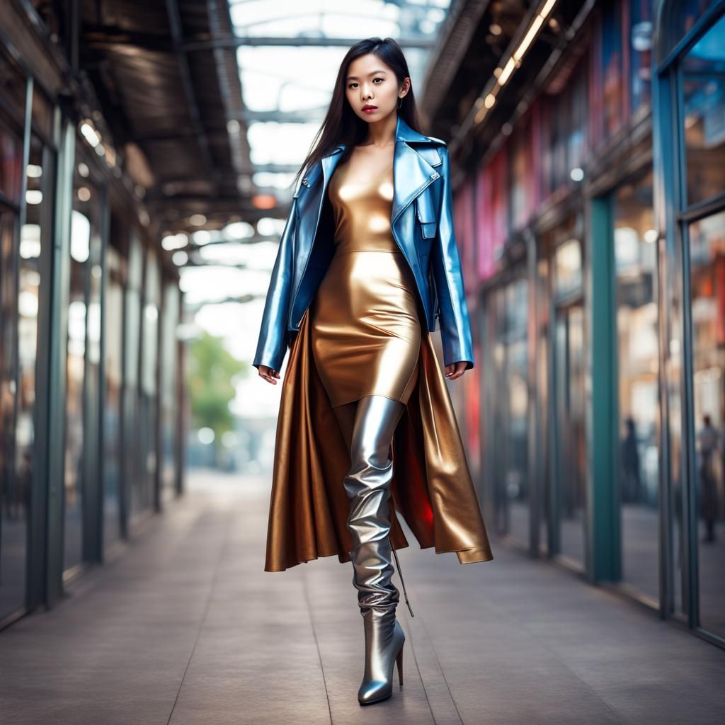 Hyperrealistic Asian Woman in Metallic Dress