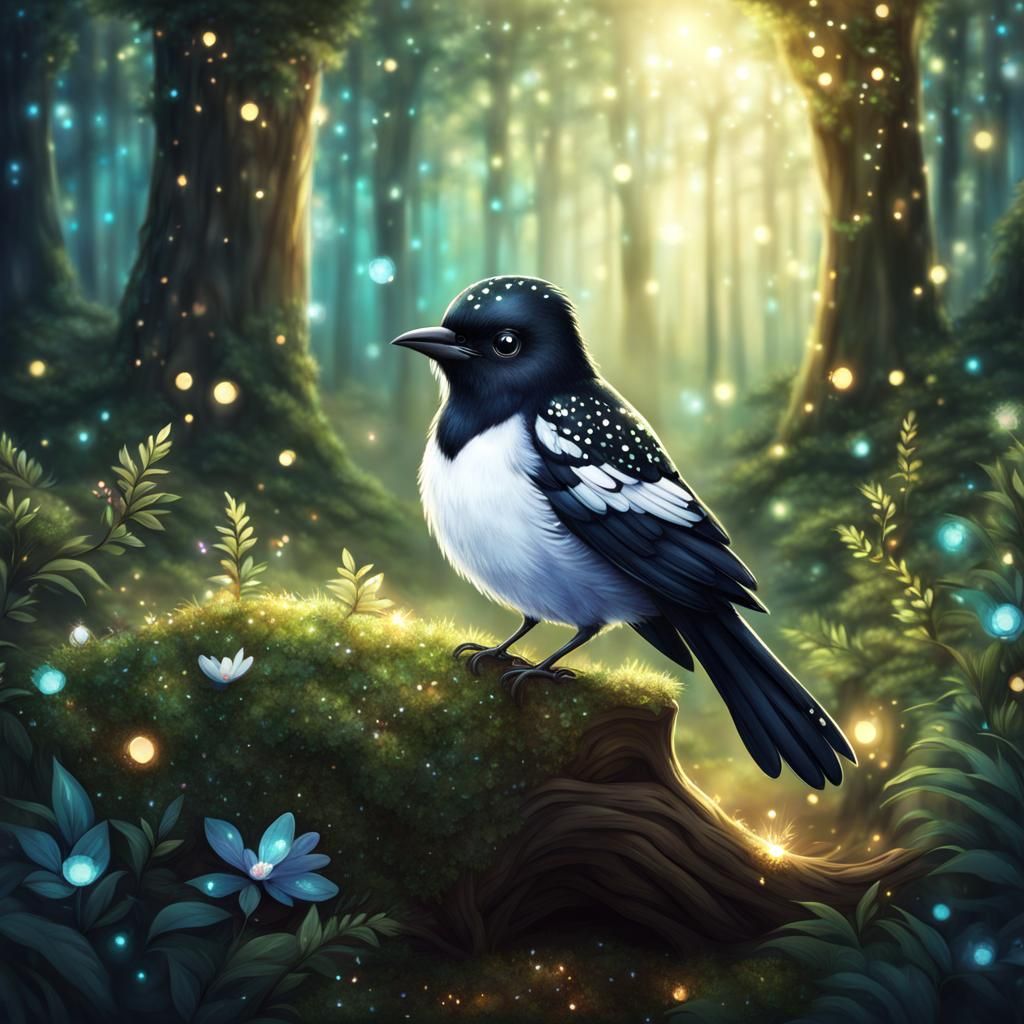 Cute Chibi Magpie in Sparkling Forest
