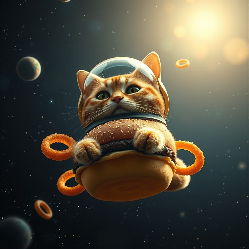 Cosmic Burger Cat in Space with Onion Ring Planets