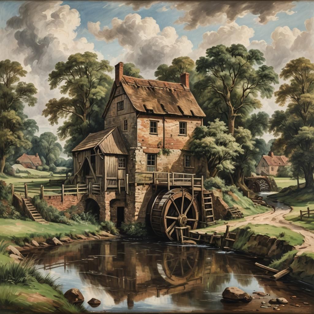 Watermill Landscape in Classical English Style
