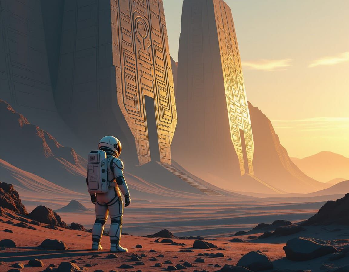 Astronaut Gazing at Colossal Alien Structure