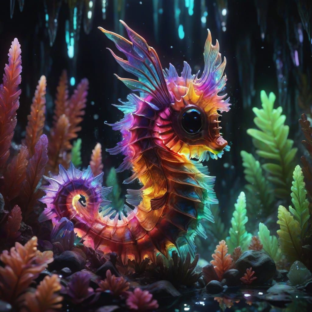 Vibrant Rainbow Seahorse Perched on Glowing Plants in a Crys...