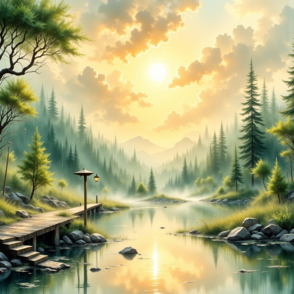 Gentle Weather Scene with Soft Light Rain and Sunlight