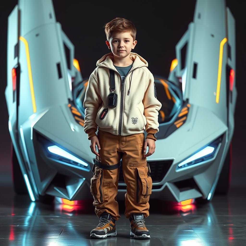 Young Boy Stands Beside Futuristic Flying Car-Spaceship in C...