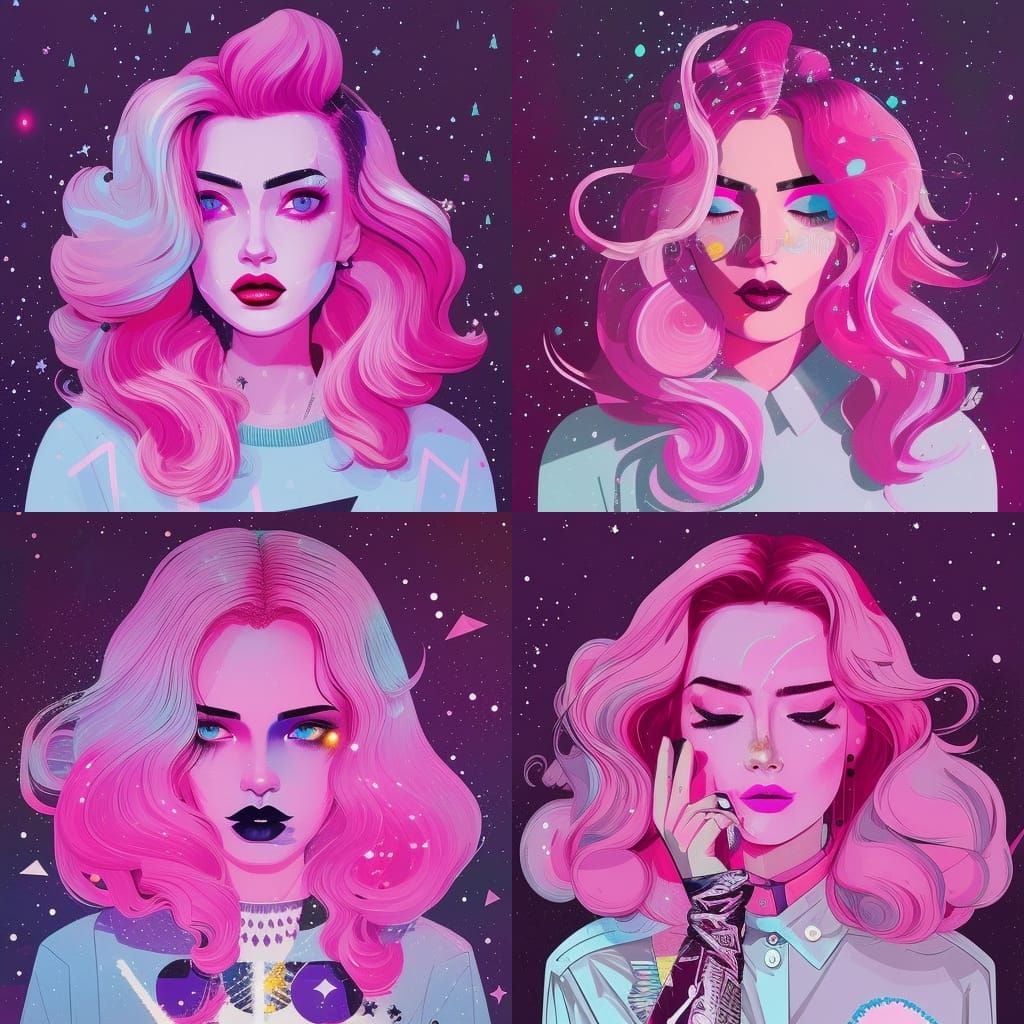 Pink Haired Girl Under Starry Sky