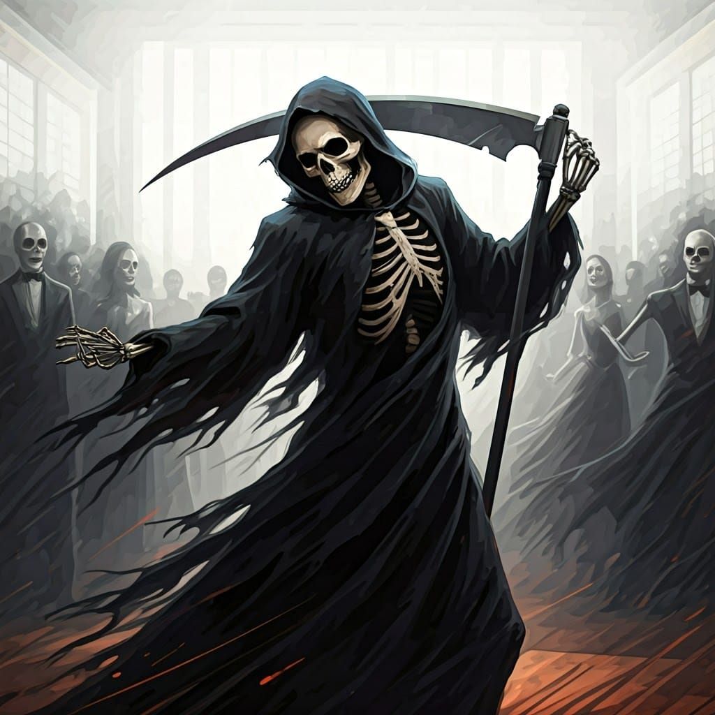 Elegant Grim Reaper Dancing in Textured School Scene