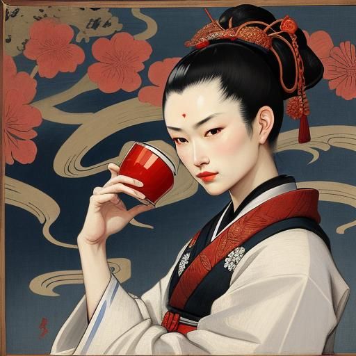 Samurai Drinks Sencha in Ukiyo-e Style