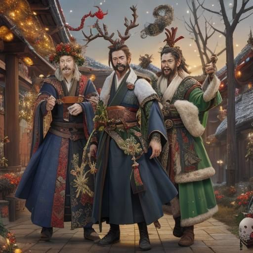 Yule Celebration Under Yggdrasil in Ukiyo-e Style