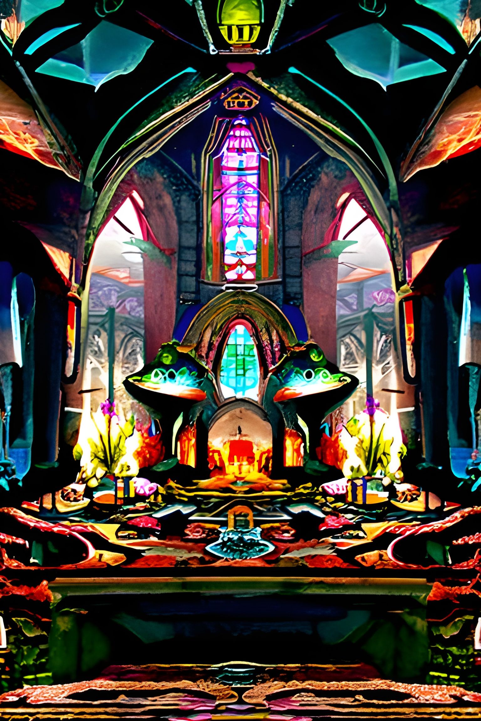 Sinister Toad Church Interior as Oil Painting