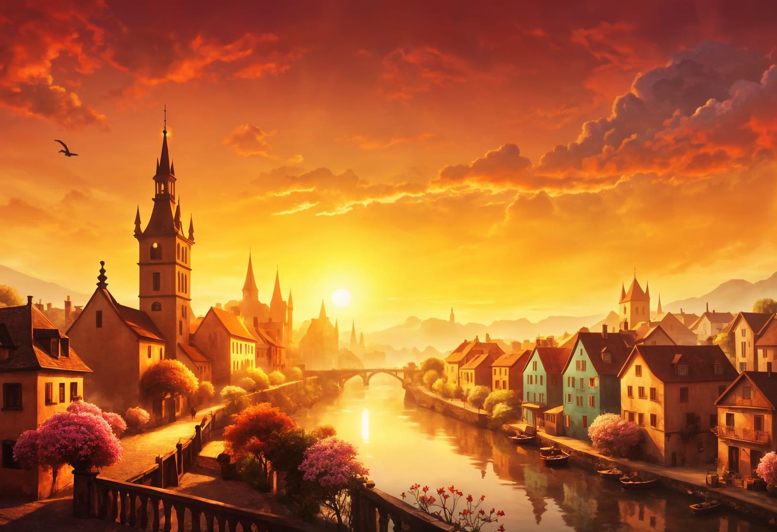 Picturesque Flowery Town Morning Scene with Brown Bridge