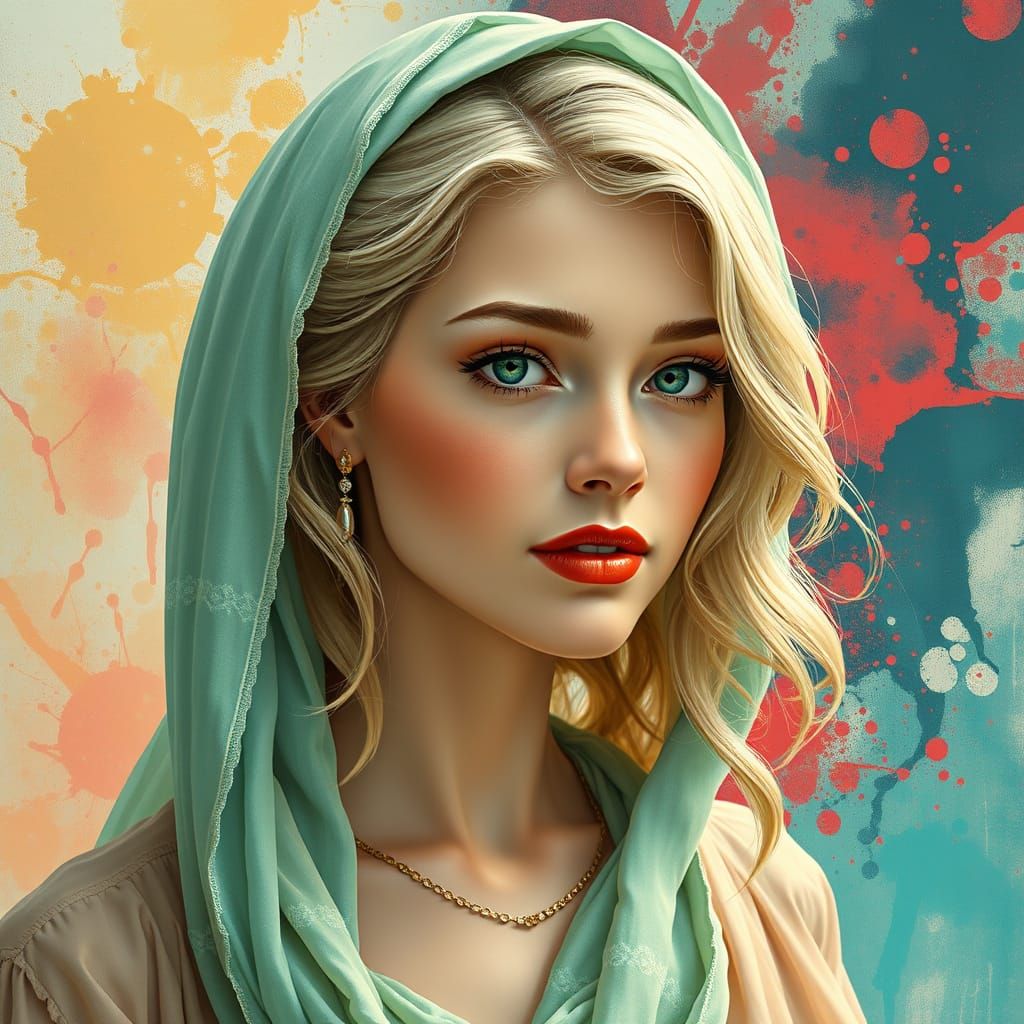 Blond Woman with Jade Eyes in Abstract Oil Painting