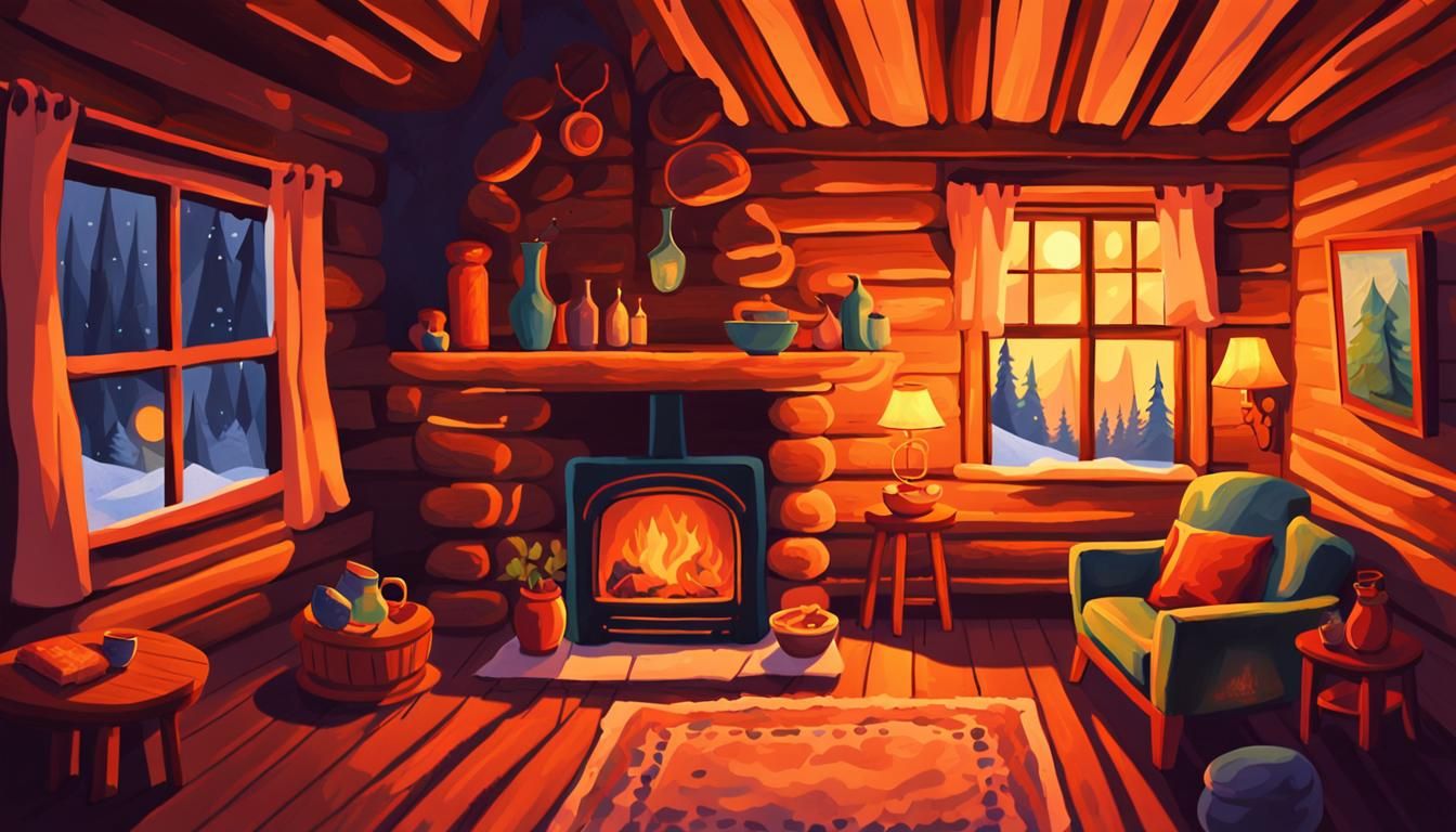 Cozy Cabin Interior with Fire: Fauvist Painting