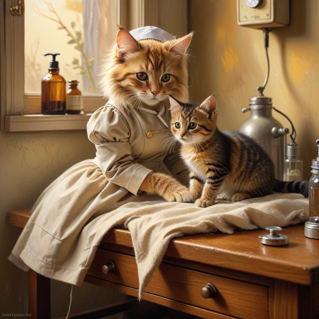 Kitten Nurse Tenders to Puppy Patient in Warm, Whimsical Oil...