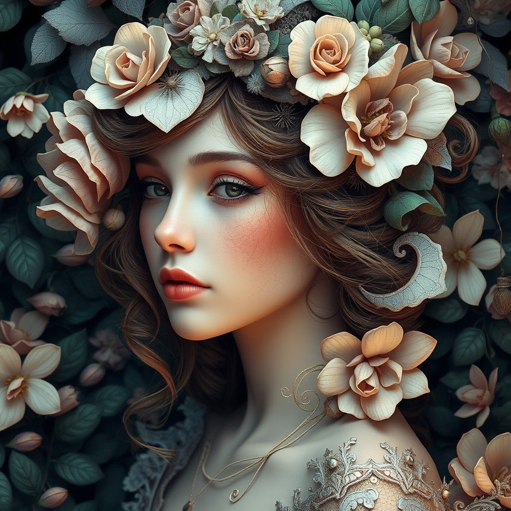 Ethereal Fantasy Flower Girl Portrait in Art Nouveau Style