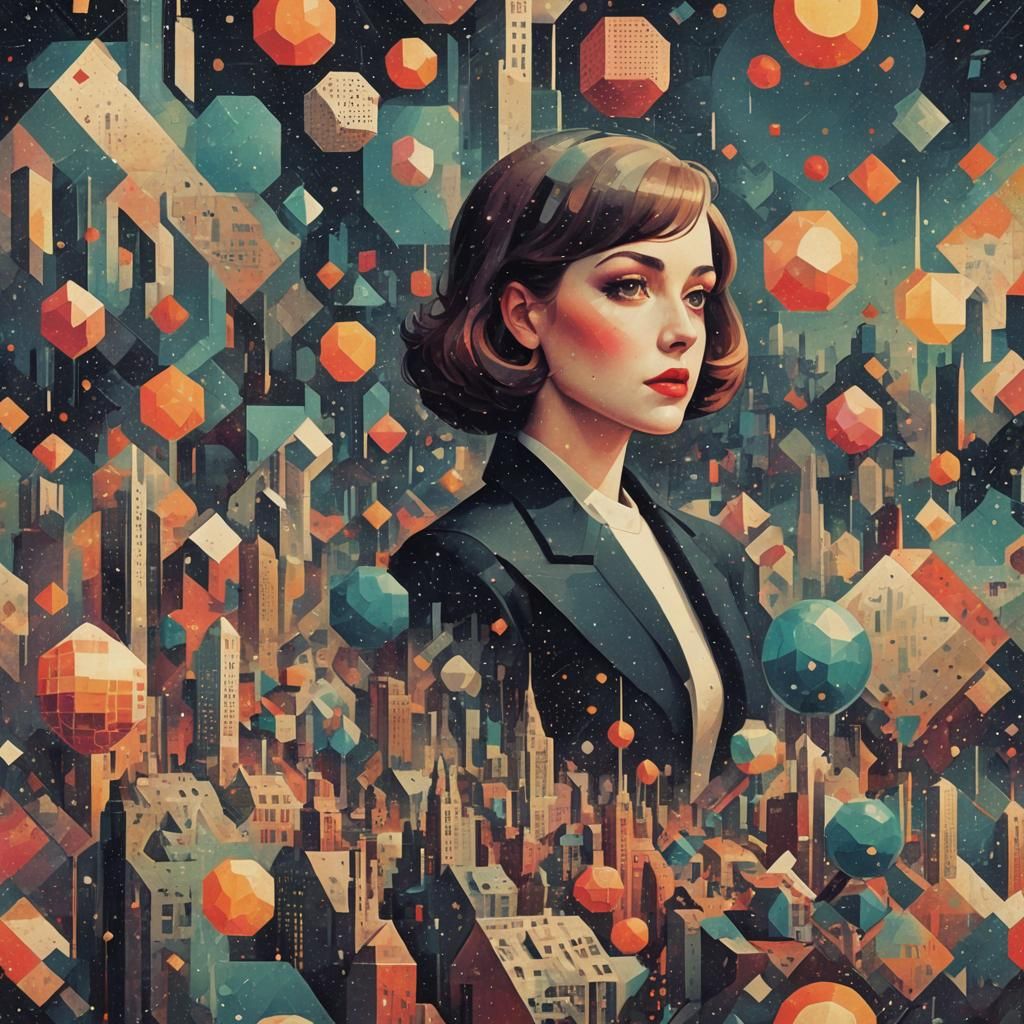 Futuristic Cubist Scene in Retro Pointillism Style