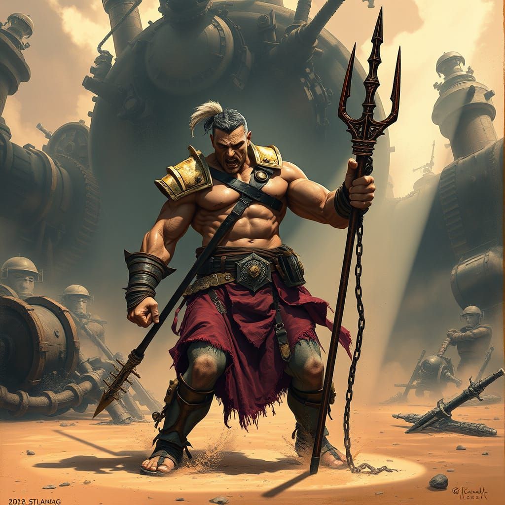 Scarred Gladiator in Steampunk Arena, Industrial Art Style