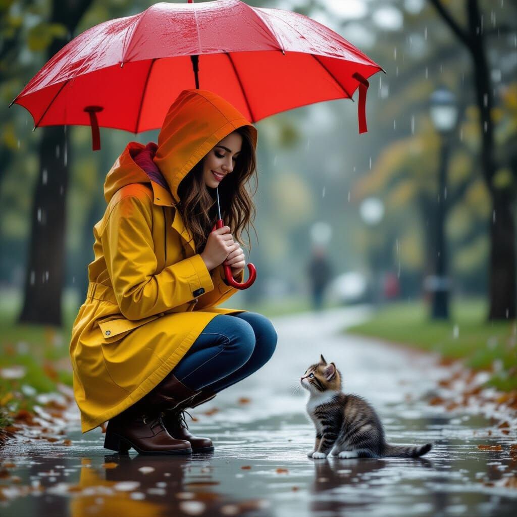 Young Woman Rescues Kitten in Rainy Park: Realistic Photo