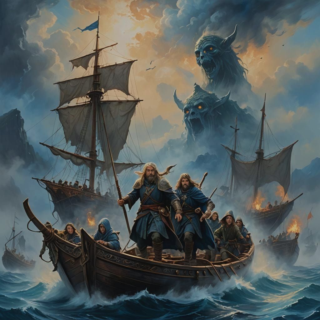 Surreal Fantasy Battle Survivors in Ethereal Blue Mist