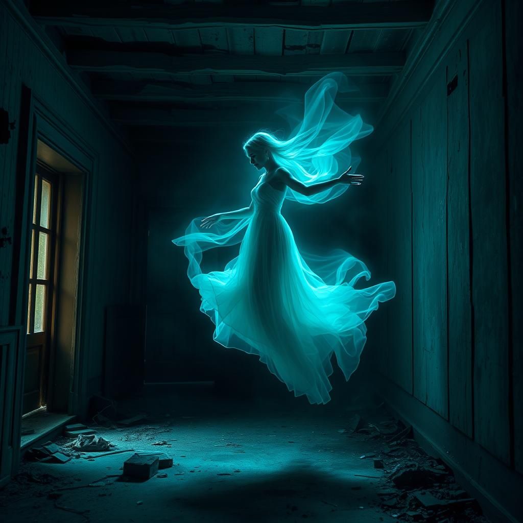 Ethereal Ghost Gliding Through Haunted House
