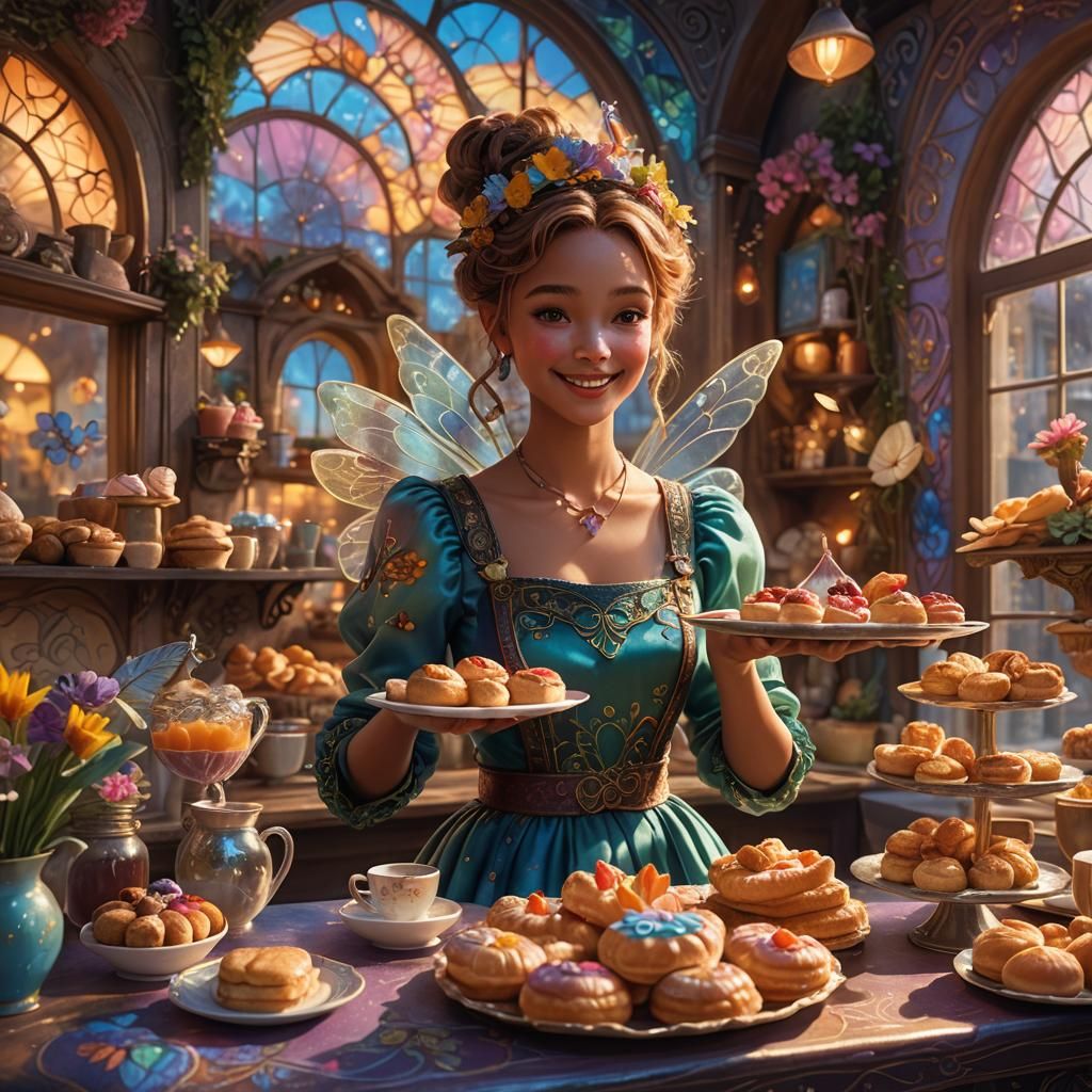 Fantasy Fairy Cafe Worker in Dreamy Setting