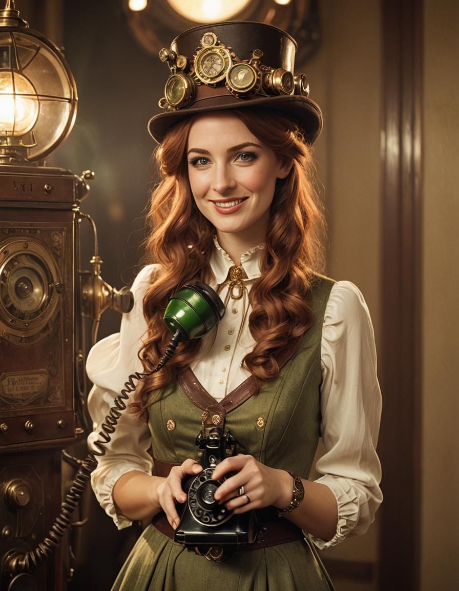 Steampunk Girl with Telephone in Cinematic Style