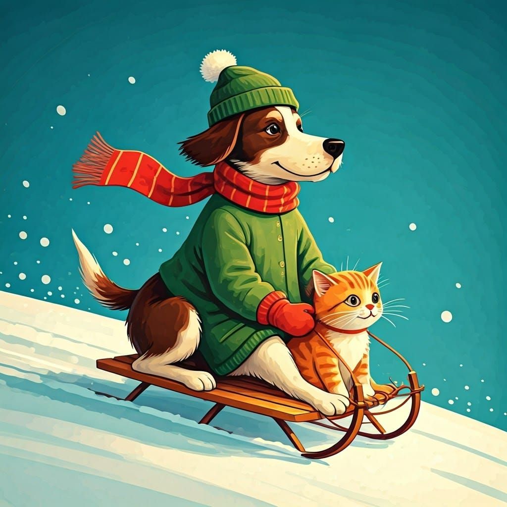 Joyful Dog Rides Sled Through Snowy Wonderland in Classic St...