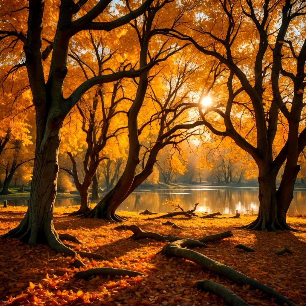 Autumn Landscape with Twisted Trees and Yellow Sunlight