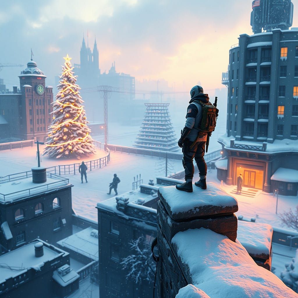 Futuristic Christmas in a War-Torn Cityscape
