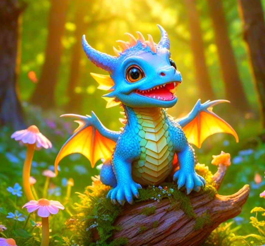 Whimsical Baby Dragon Soars Through Sunlit Meadow