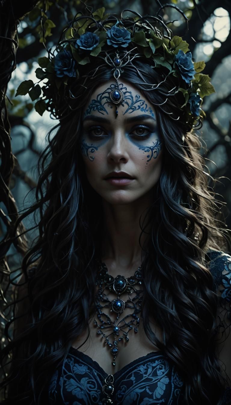Eerie Woman Portrait with Blue Patterns and Headpiece