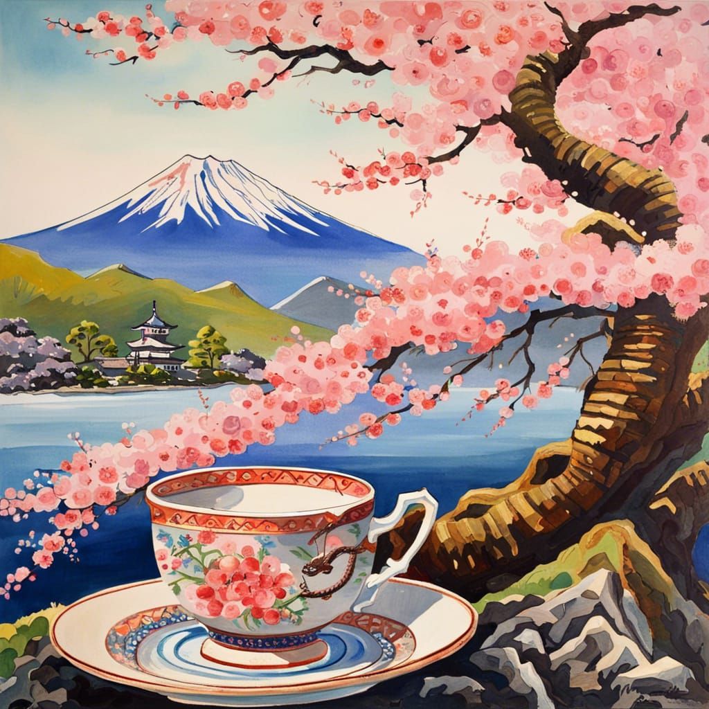Japanese Tea Cup with Cherry Blossom Tree, Gouache Style
