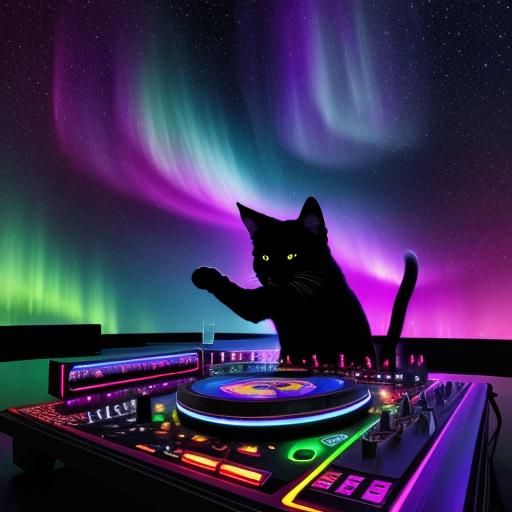 Psychedelic Cat DJ in Cosmic Oil Painting