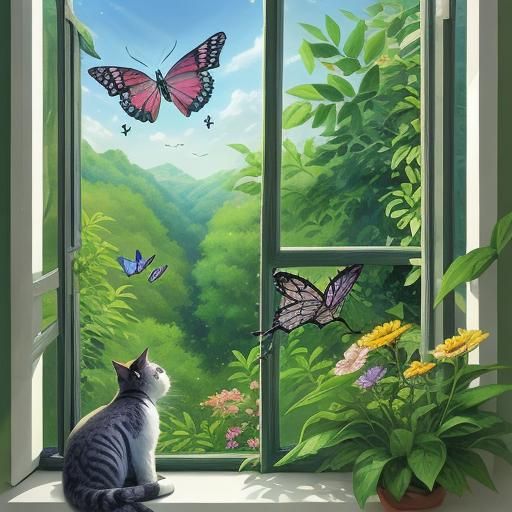Cat Watching Butterfly on Lush Landscape