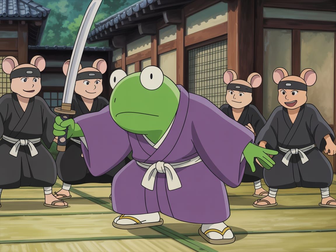 Surprised Bullfrog Samurai in Anime Style